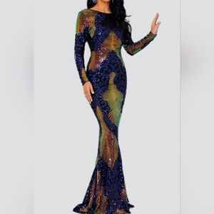 Designer Long Sleeve Sequin Mermaid Gown Black/Blue MEDIUM - NWT